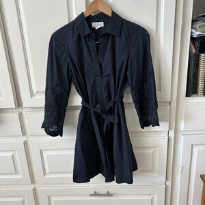 Navy Knee-Length Belted Cotton Dress with Eyelet Sleeve Detail